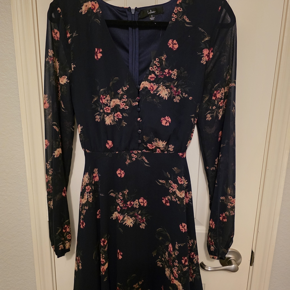 Small Lulu's Floral Long Sleeve Sheer Dress - Blue and Pink